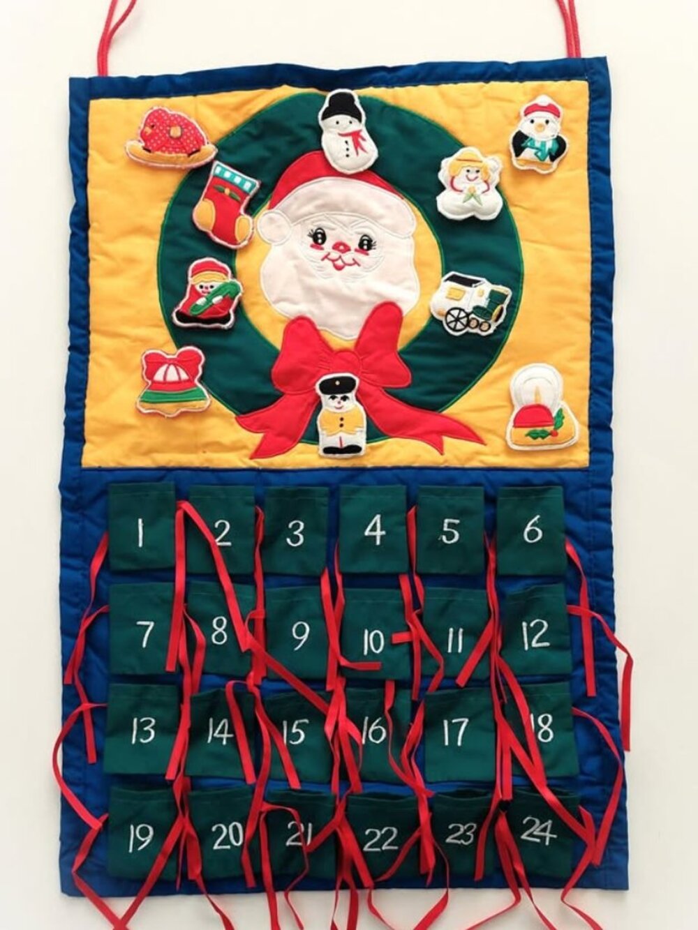 NEW Vintage 80s Christmas Pocket Advent Calendar Big Eyed Santa Wreath Cotton